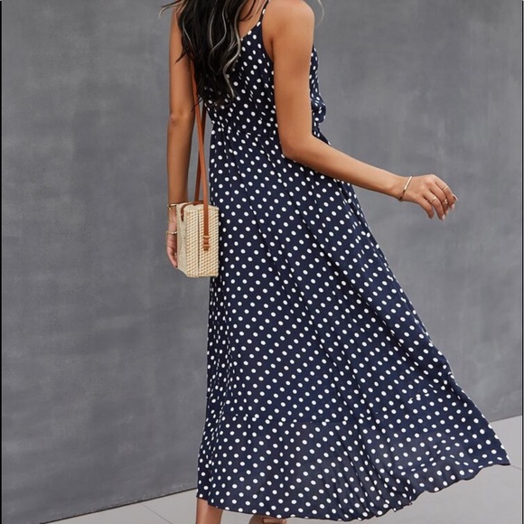 Boho Button Up V Neck Tie Polka Dot Dress NAVY BLUE - Picture 4 of 12